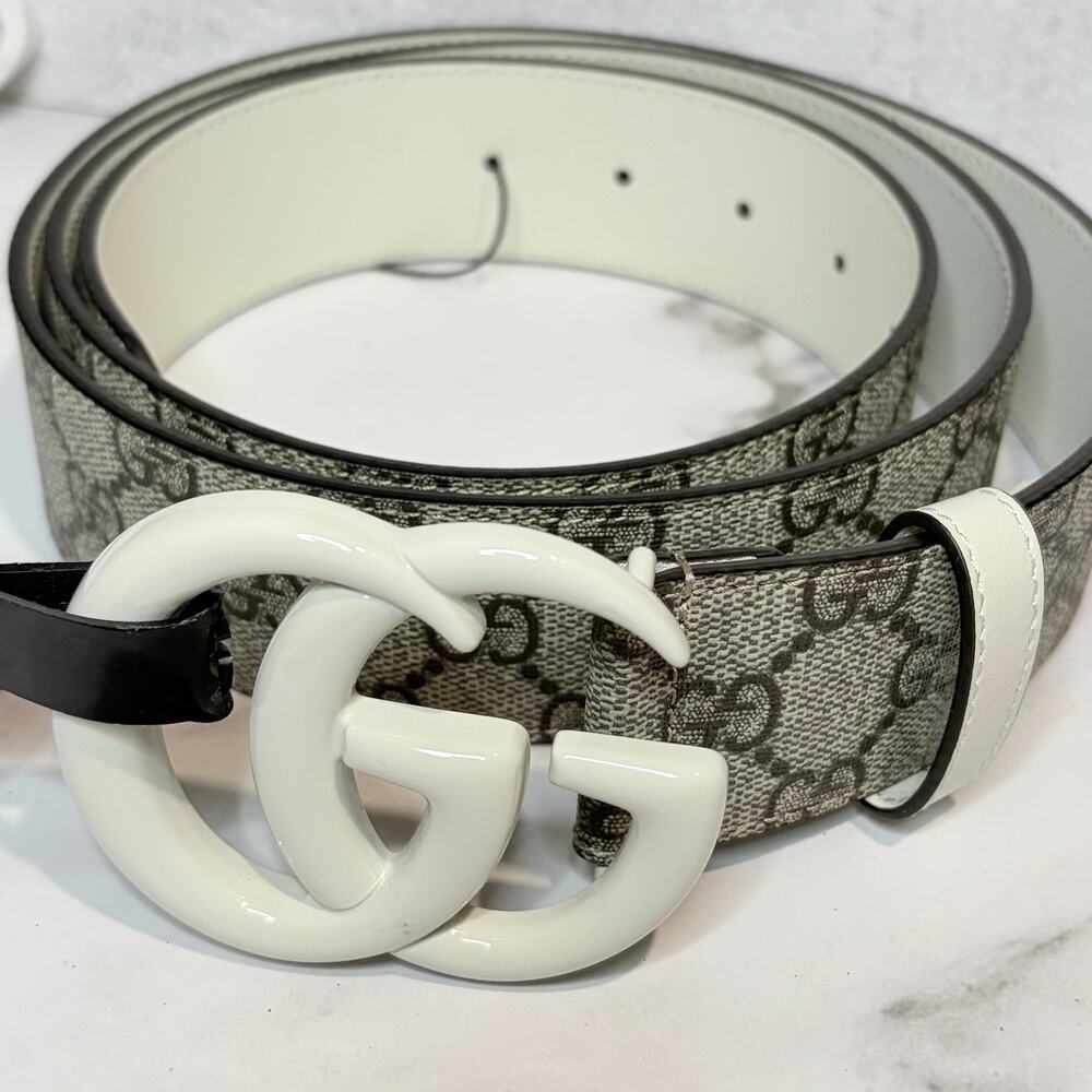 Gucci GG Marmont Belt Supreme Canvas White Enamel Double G Buckle Size 115 NWT